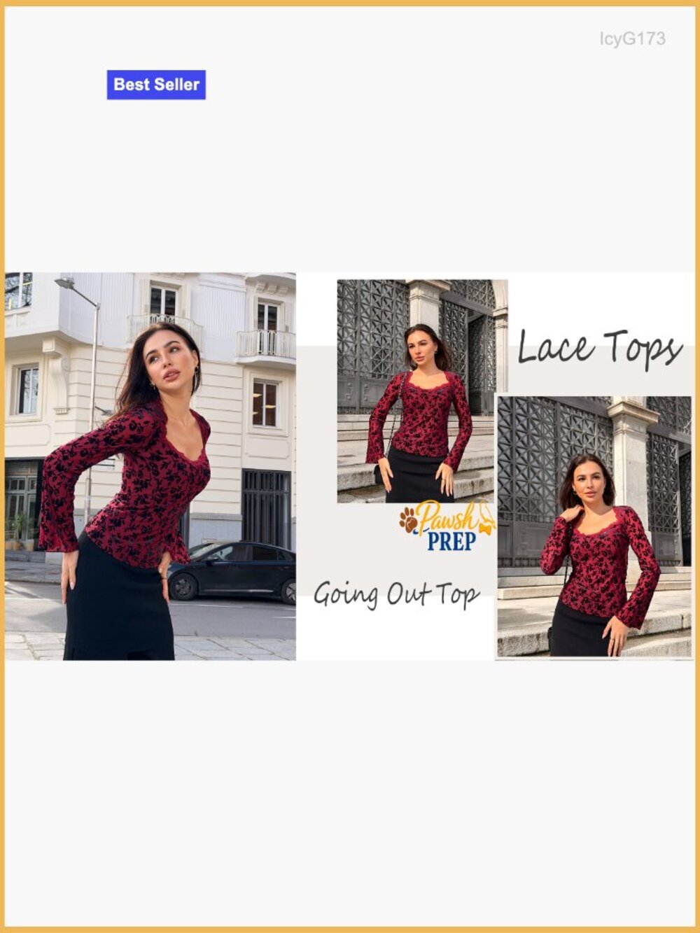 Mesh Long Bell Sleeve Top, Lace Floral Square Neck, Slim Fit - Picture 7 of 7